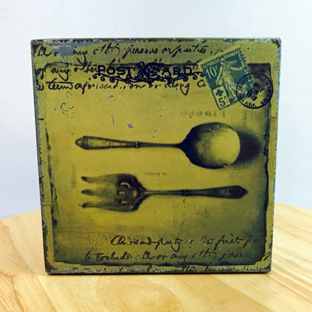 Metal Rectangle Storage Box w/ Lid Postcard Utensils Design Antique 5.75 x5.75in